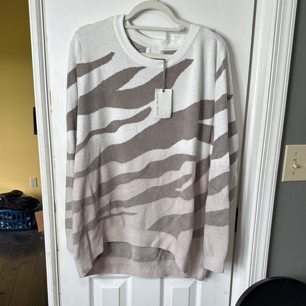 Barefoot Dreams Cozy Crew Neck Sweater White and Brown